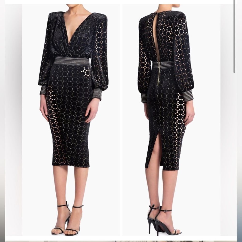 ZHIVAGO Level Laser-Cut Keyhole Velvet Midi-Dress 4, Black NWOT